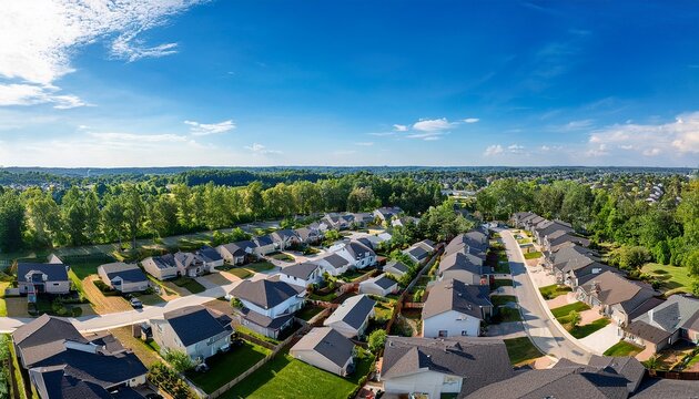 suburban residential neighborhood in a sunny summer day aerial panoramic view drone photo - Powered by Adobe