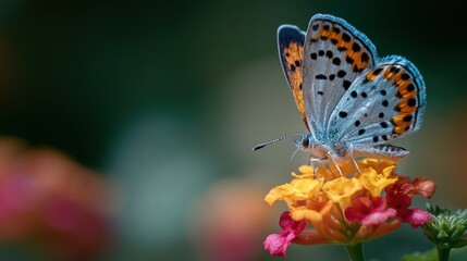 Obraz premium Vibrant Butterfly with Blue and Orange Wing Patterns Perched on a Bright Yellow and Pink Flower in a Natural Outdoor Garden Scene