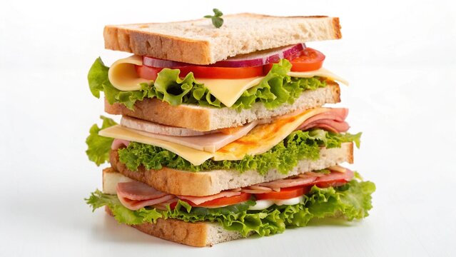 A towering club sandwich with layers of fresh lettuce, juicy tomatoes, cheese, and ham isolated on white background