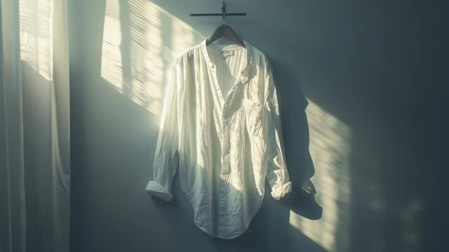 A single white shirt hangs on the wall next to a window, perfect for use in scenes about simplicity or minimalism