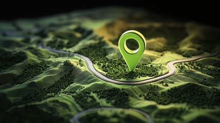 Green Location Pin on a 3D Terrain Map, Navigation Technology, Discover Nature's Beauty