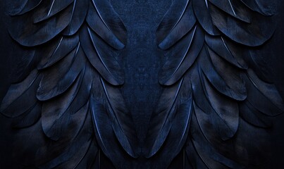 Dark, symmetrical feather pattern. Close-up view of many dark blue, almost black feathers arranged in a mirrored, overlapping pattern