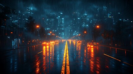 Obraz premium Neon-lit city street in a downpour at night.