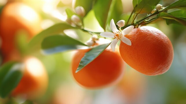 Close-up of ripe fresh oranges hanging on tree with glossy green leaves and white blossoms in bright sunlight du daytime