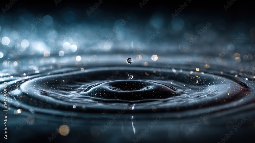 Poster close-up of a water droplet creating ripples on the surface with sparkling reflections and bokeh bac