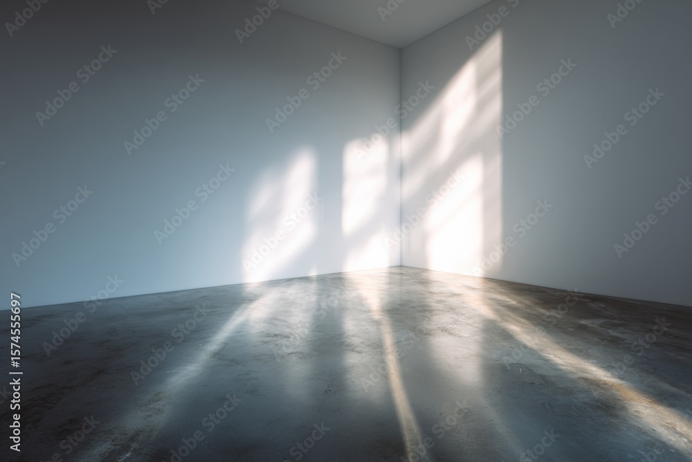 Aufkleber bright sunlight streaming through window creating shadows and light patterns on empty room with blue