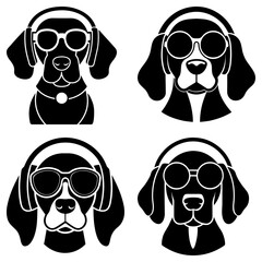 Four dogs wearing headphones and sunglasses in black and white graphic style vector illustration