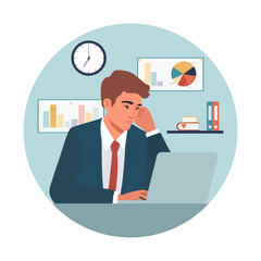 Businessman working on laptop in office with charts in background, analyzing data and planning.