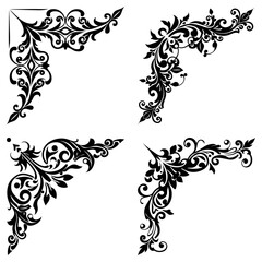 Four corner floral designs in black and white featuring intricate swirling patterns and leaf like shapes
