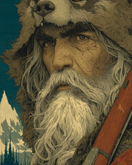 A powerful portrait of a rugged mountain man with a long white beard and a wolf fur hat. A concept of survival, wilderness, and American folklore.