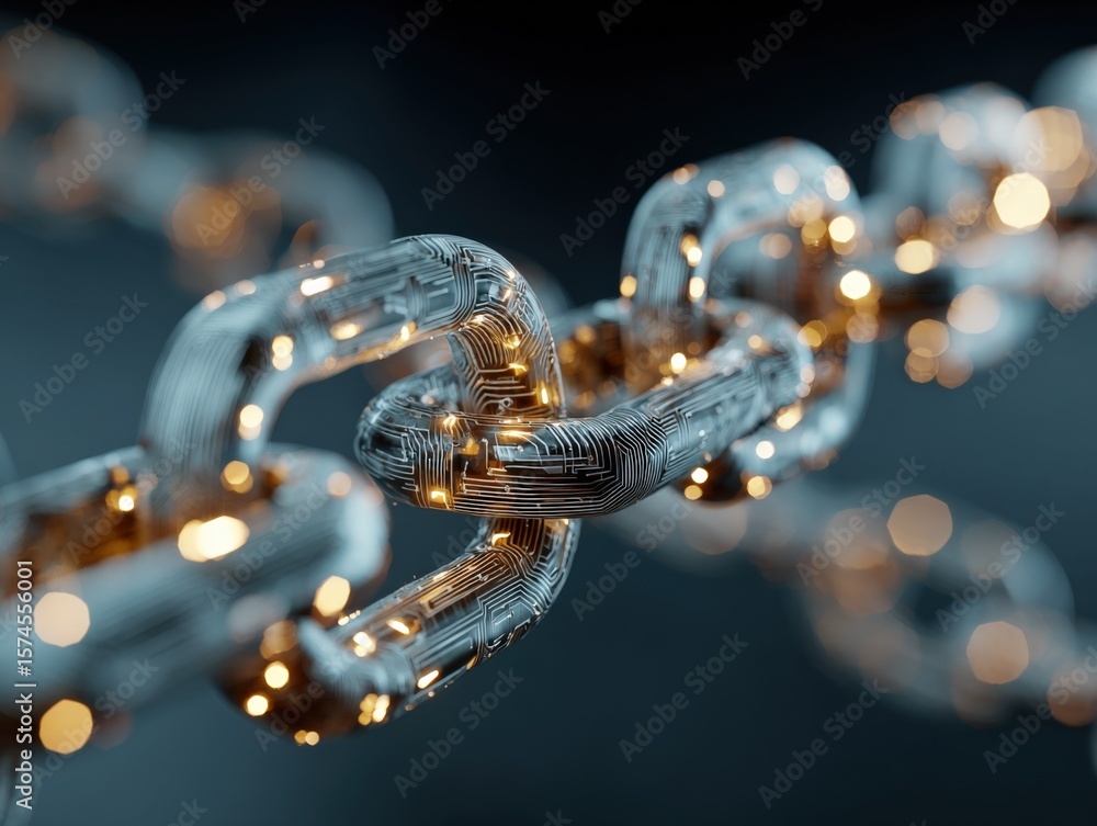 Poster close-up of a futuristic metallic chain with intricate circuitry patterns and glowing reflections on