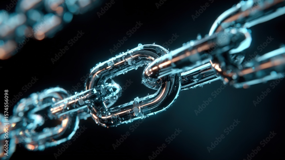 Poster close-up of a shiny metal chain with interconnected links illuminated by blue light on a dark backgr