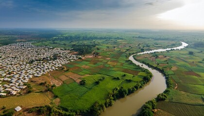 aerial view of duku tarasa gwandu ridge area with scenic farmland and a river birnin kebbi kebbi nigeria