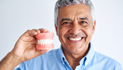 senior man smiling confidently, showing clean dentures