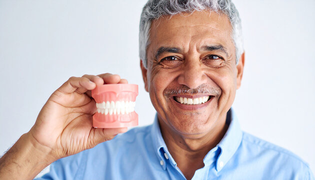 senior man smiling confidently, showing clean dentures