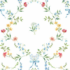 Watercolor floral wreath pattern hand-painted wildflowers and leaves with ribbon on white background for wallpaper and fabric. © zenina