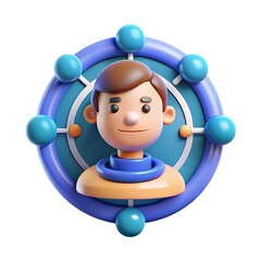 Stylized 3d character with a network of connections and spheres representing relationships or data points