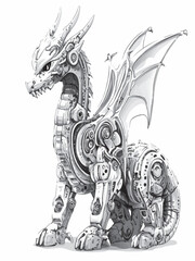 Stylized image of robotic dragon black and white vector