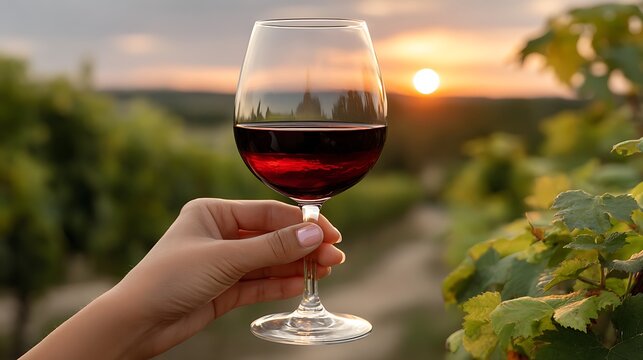 Woman holding glass of red wine at sunset in vineyard - Powered by Adobe