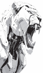 Stylized image of robotic lion black and white vector