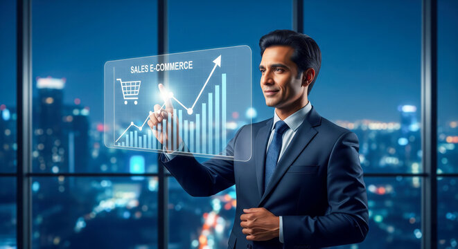 Businessman Analyzing Sales Growth On Digital Screen