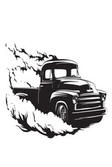 Stylized image of classic  truck burnout black and white vector  
