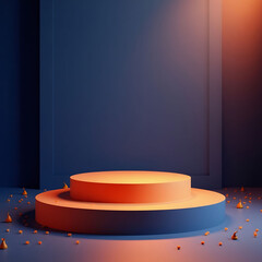Modern Product Display with Two-Tiered Orange Platform Against a Deep Blue Background