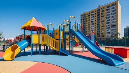 Naklejka premium Wide-angle shot of a modern blue slide in an urban playground area, surrounded by colorful equipment and benches, with clear sky background