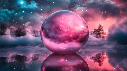 A crystal ball reflecting a fantasy landscape under a starry sky.