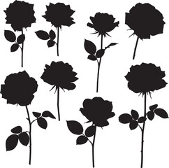 Black silhouettes of various beautiful rose flowers and thorny stems, ideal for botanical illustrations, elegant floral designs, or romantic themed graphics. classic and graceful elements