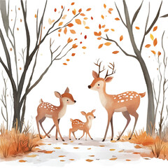 Watercolor Deer Family in Autumnal Woodland
