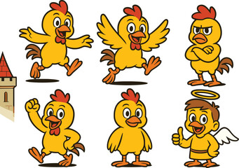 Cute Cartoon Chicken Character Vector Collection: Playful, Happy, Angry, and Angelic Farm Animal Illustrations for Kids' Designs, Books, and Merchandise, Humorous and Expressive Set.