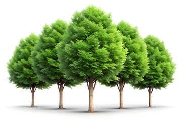 A row of lush green trees with full foliage on a white background