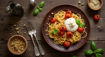 Top view of Italian style spaghetti dish with cheese