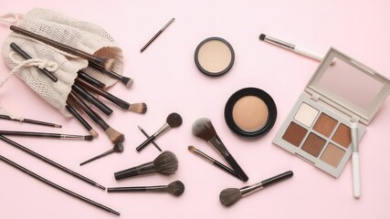 A Carefully Curated Collection of Cosmetic Brushes and Makeup Palettes Arranged on a Delicate Pink Surface