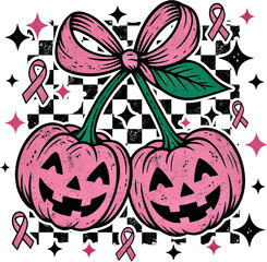 Retro Pink Pumpkins with Awareness Ribbons & Sparkling Stars, Halloween Breast Cancer Support Graphic
