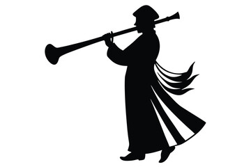 Silhouette of a herald musician playing a long trumpet © Niranjon