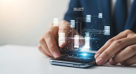 Man interacting with a digital interface on his smartphone, selecting options from a virtual menu.