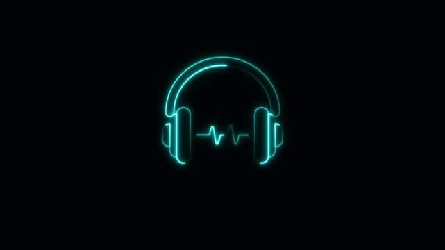 Futuristic digital neon headphones audio icon animation isolated on black background - Powered by Adobe