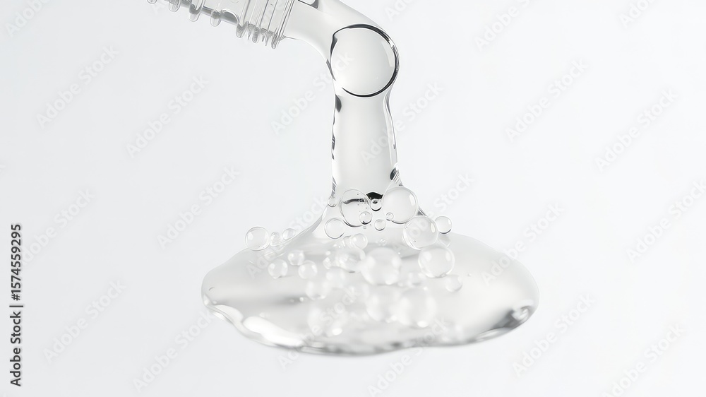 Poster viscous translucent liquid pouring onto a plain surface, creating bubbles and an interesting optical