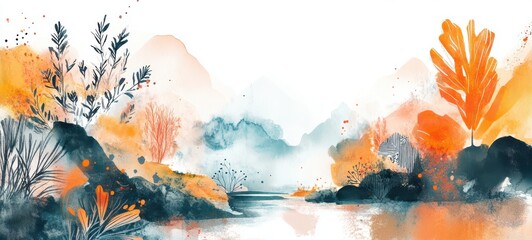 Abstract lake watercolor. Vivid colors in illustration for banner, poster. Element design. freedom concept. 