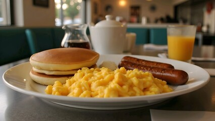 A breakfast plate with scrambled eggs, sausages, and pancakes, accompanied by orange juice and coffee in the background.
