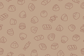 Seamless pattern of chocolate candies in doodle style. Different types of chocolate on beige background. Hand drawn vector illustration. Vector 