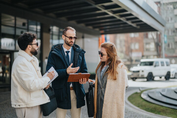 Three colleagues collaborate while holding a tablet and notebook, symbolizing teamwork and...