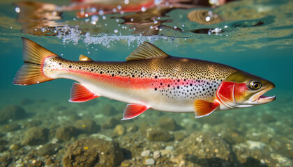 Naklejka premium Colorful trout swimming underwater in clear blue water 