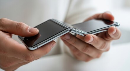 Person holding and opening a foldable smartphone, showcasing its design.