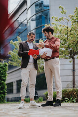 Two men reviewing and discussing papers outside a contemporary business setting, showcasing...