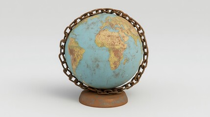 Obraz premium Antique world globe encircled by rusty chains.