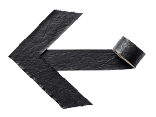 Black gaffer tape shaped into a left arrow pointing left isolated on transparent background
