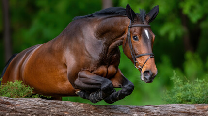 Obraz premium Powerful brown horse gracefully jumps over wooden obstacle in lush green forest setting
